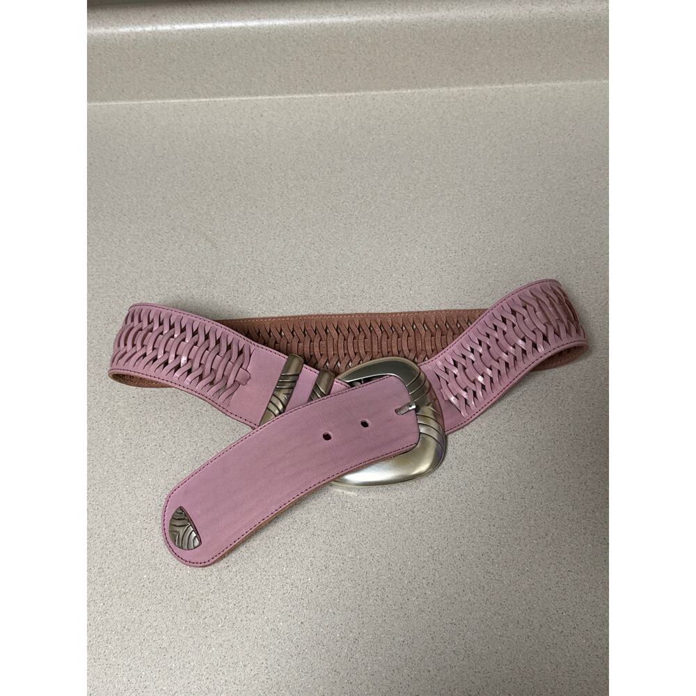 Vintage Y2K AVION Boho Baby Pink Leather Big Buckle Wide Sling Belt Size Small - Picture 3 of 6